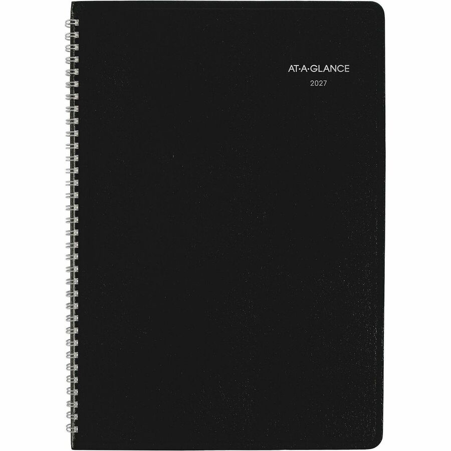 Large Monthly Planner, 14-Month, December 2025–January 2027, 8" x 12", Wire Bound, Black Simulated Leather Cover, White Bleed Resistant Paper, Ruled Daily Blocks, Reference Calendar, 1 Each