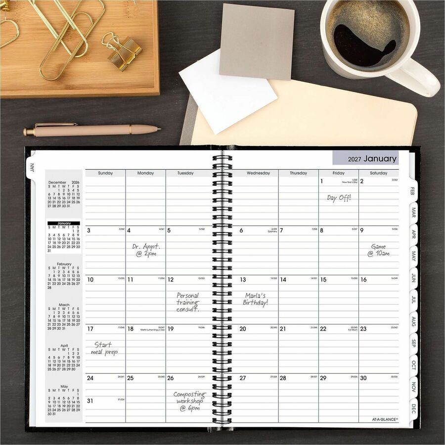 At-A-Glance DayMinder Premiere Planner, Large, Monthly, 14-Month (Dec 2025-Jan 2027), 8" x 11 3/4", White Sheets, Concealed Wire, Black Faux Leather Cover, Pocket, Tabbed, 1 Each