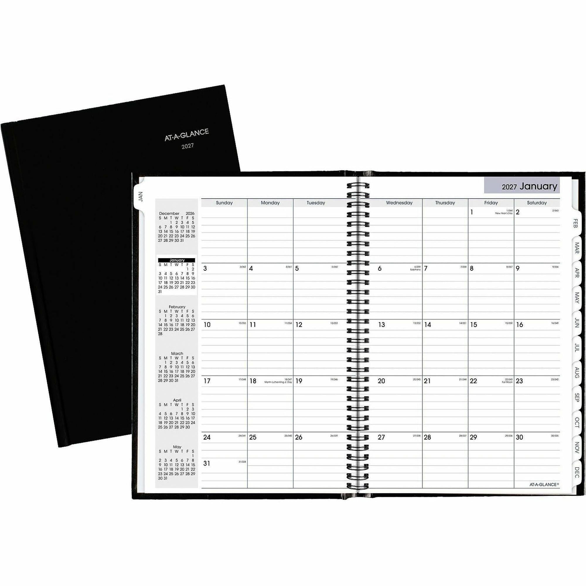 At-A-Glance DayMinder Premiere Planner, Large, Monthly, 14-Month (Dec 2025-Jan 2027), 8" x 11 3/4", White Sheets, Concealed Wire, Black Faux Leather Cover, Pocket, Tabbed, 1 Each