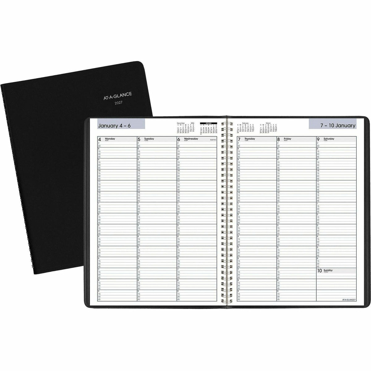 At-A-Glance DayMinder Weekly Appointment Book, Large, January-December 2027, 8" x 11", Weekly Double-Page Layout, Quarter-Hourly Scheduling, Wire-Bound, Black Faux Leather Cover, Julian Dates