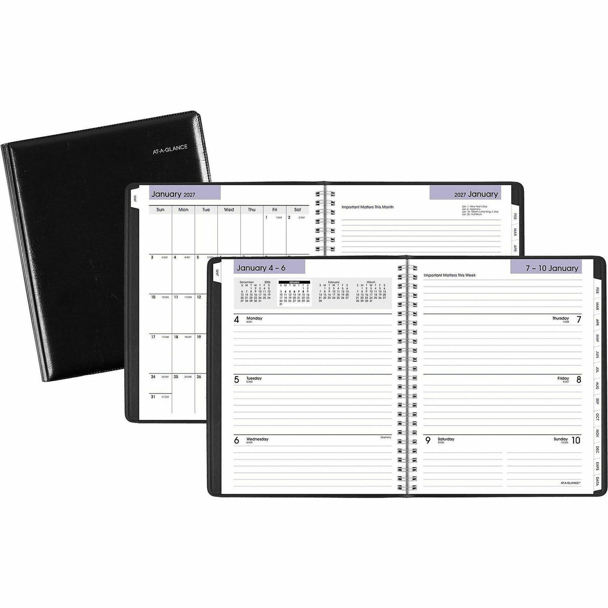 At-A-Glance DayMinder Executive Refillable Planner, Medium, January-December 2027, 7" x 8.75", Weekly and Monthly Layouts, Refillable, Wire-Bound, Black Cover, Julian Dates