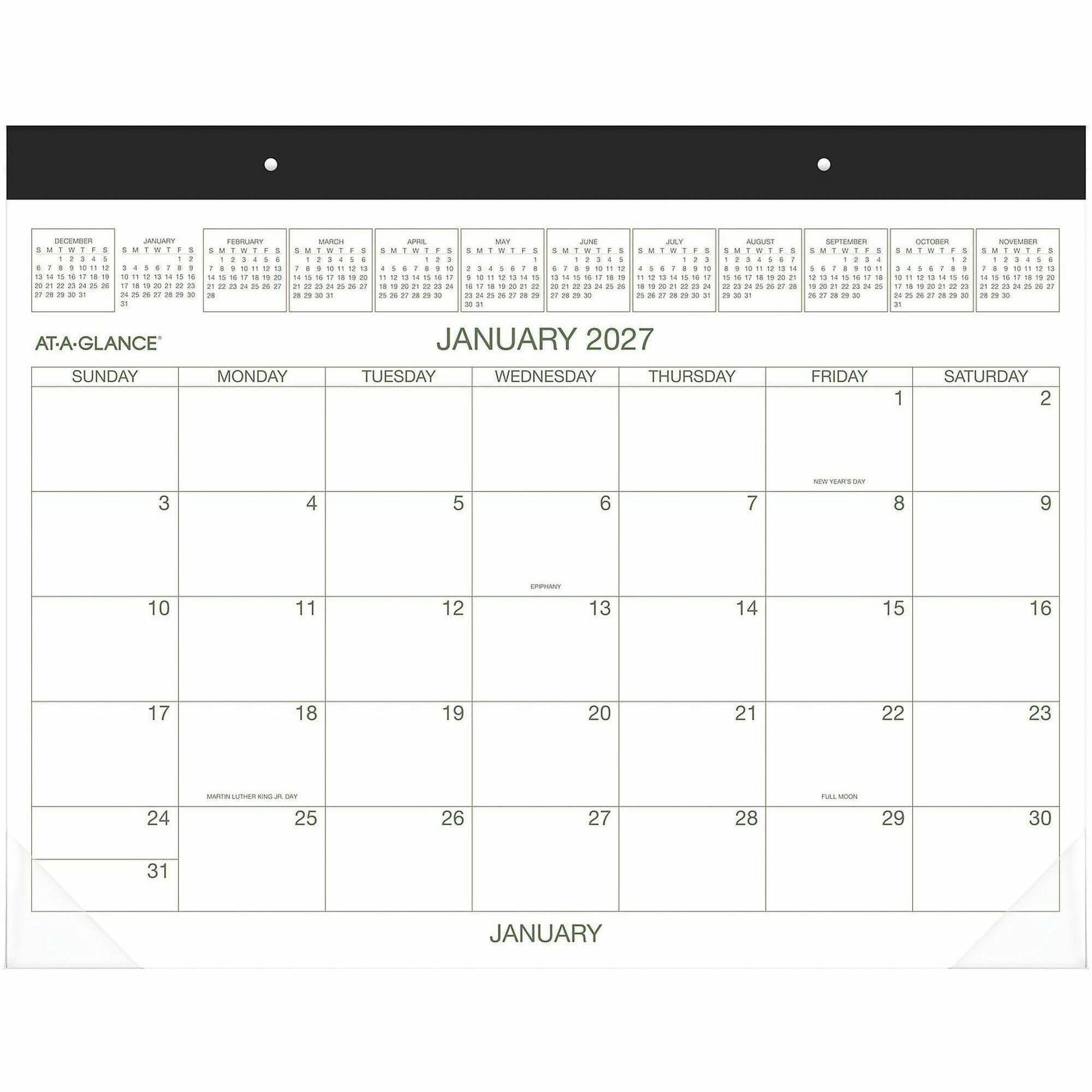 At-A-Glance 2-Color Desk Pad Calendar, Monthly, January 2026–December 2026, 21 3/4" x 17", White Sheets, Green/Brown Ink, Simulated Leather/Paper, 1 Each