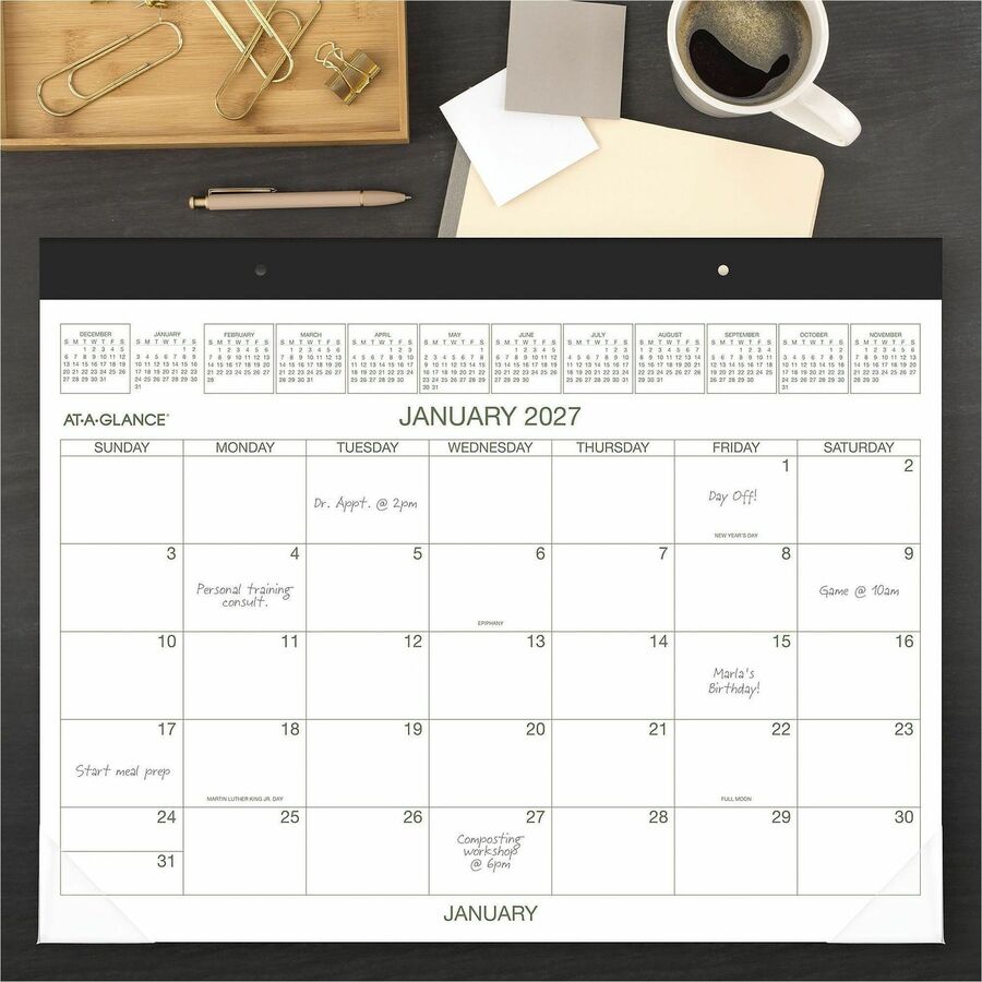 At-A-Glance 2-Color Desk Pad Calendar, Monthly, January 2026–December 2026, 21 3/4" x 17", White Sheets, Green/Brown Ink, Simulated Leather/Paper, 1 Each