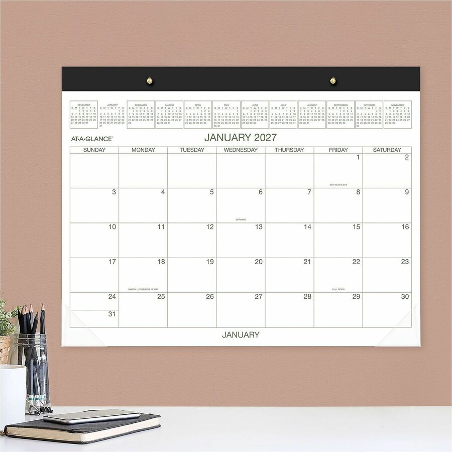 At-A-Glance 2-Color Desk Pad Calendar, Monthly, January 2026–December 2026, 21 3/4" x 17", White Sheets, Green/Brown Ink, Simulated Leather/Paper, 1 Each