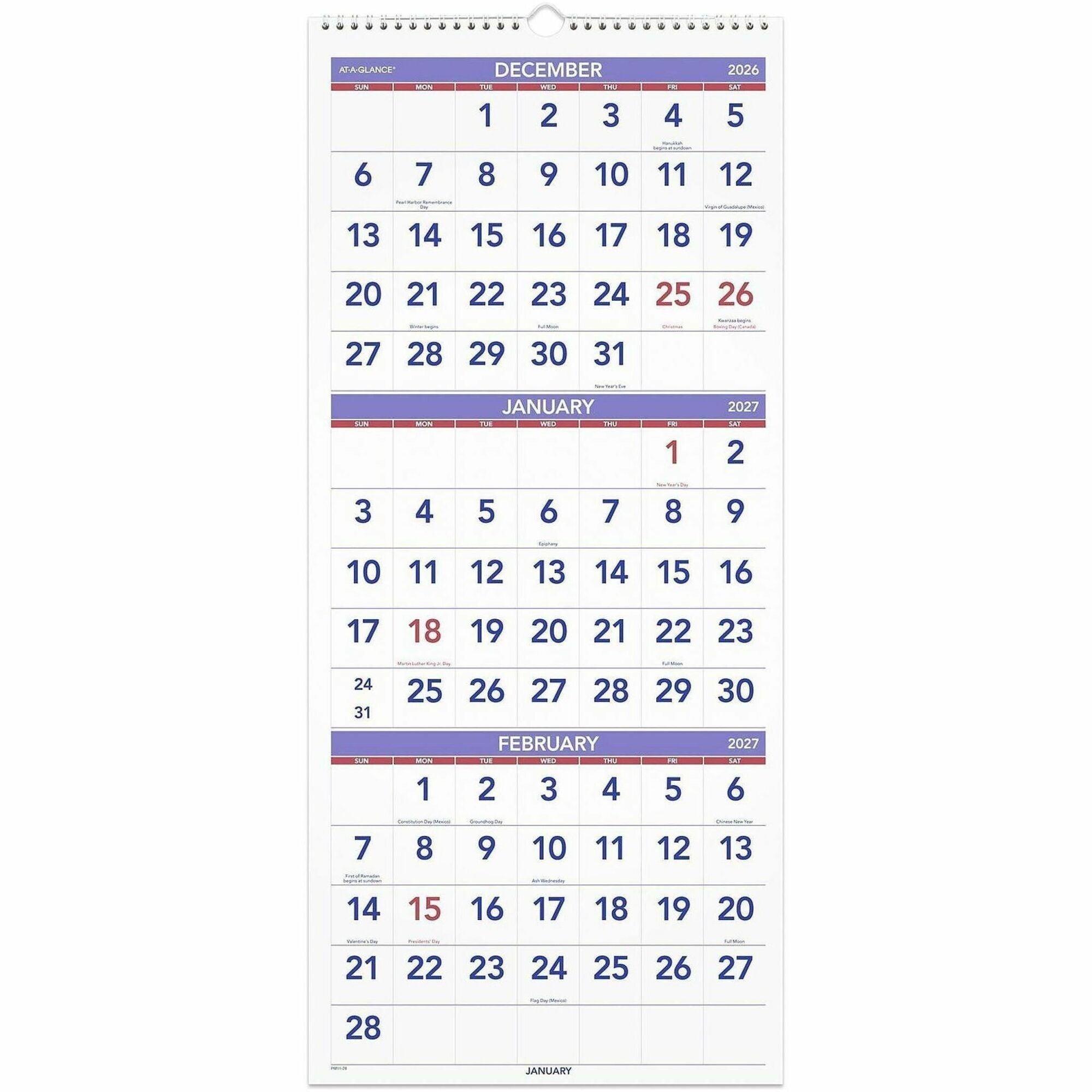 Large - Monthly - 14 Month - December 2025 to January 2027 - 3 Month Single Page Layout - 12" x 27" Sheet Size - White Sheet - Wire Bound - White - Paper, Chipboard - Sturdy Back - 1 Each