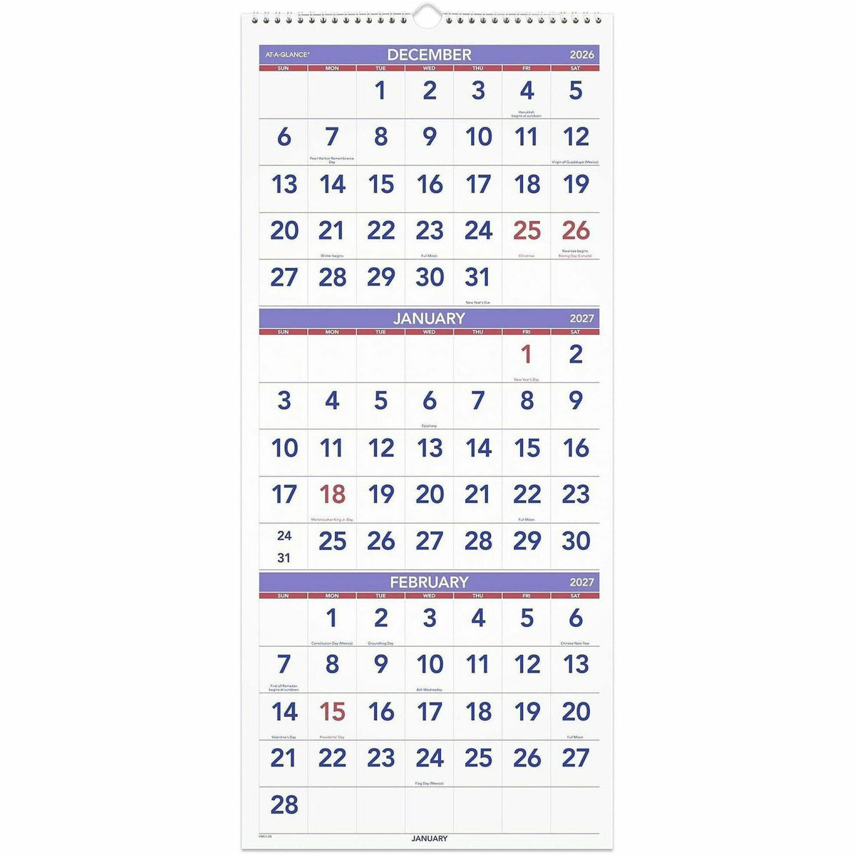 At-A-Glance 3-Month Reference Vertical Wall Calendar - Large - Monthly - 14 Month - December 2026 to January 2028 - 3 Month Single Page Layout - 12" x 27" Sheet Size - White Sheet - Wire Bound - White - Paper, Chipboard - 1 Each