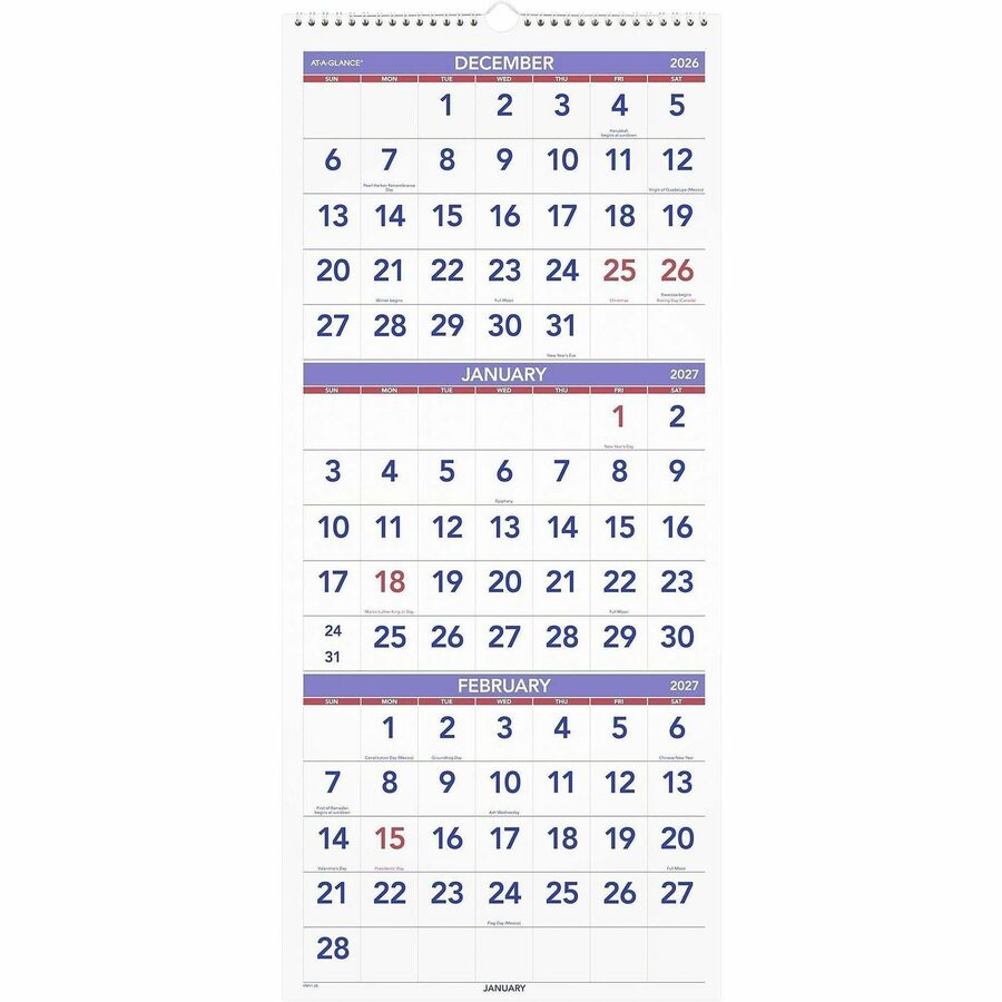 Large - Monthly - 14 Month - December 2025 to January 2027 - 3 Month Single Page Layout - 12" x 27" Sheet Size - White Sheet - Wire Bound - White - Paper, Chipboard - Sturdy Back - 1 Each