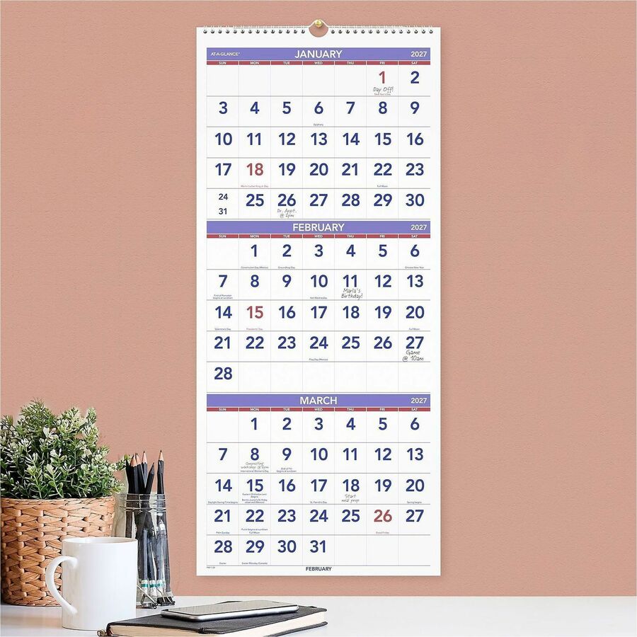 Large - Monthly - 14 Month - December 2025 to January 2027 - 3 Month Single Page Layout - 12" x 27" Sheet Size - White Sheet - Wire Bound - White - Paper, Chipboard - Sturdy Back - 1 Each