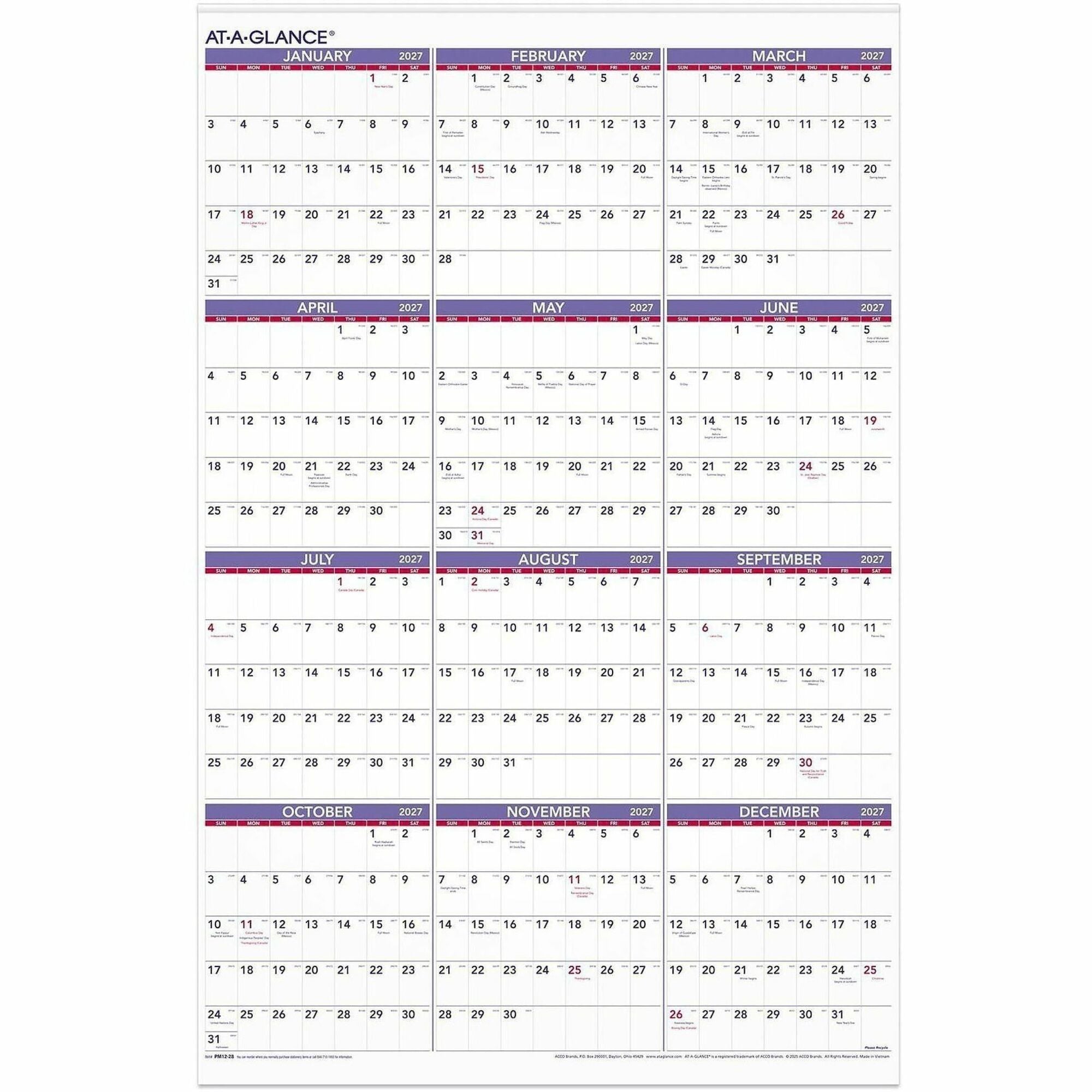 Extra Large - Julian Dates - Yearly - 12 Month - January 2026 to December 2026 - 1 Year Single Page Layout - 24" x 36" Sheet Size - White Sheet - 1" x 1.50" Block - Metal Bound - White - Paper - Eyelet, Unruled Daily Block, Bleed Resistant - 1 Each