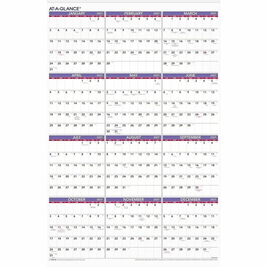 Extra Large - Julian Dates - Yearly - 12 Month - January 2026 to December 2026 - 1 Year Single Page Layout - 24" x 36" Sheet Size - White Sheet - 1" x 1.50" Block - Metal Bound - White - Paper - Eyelet, Unruled Daily Block, Bleed Resistant - 1 Each