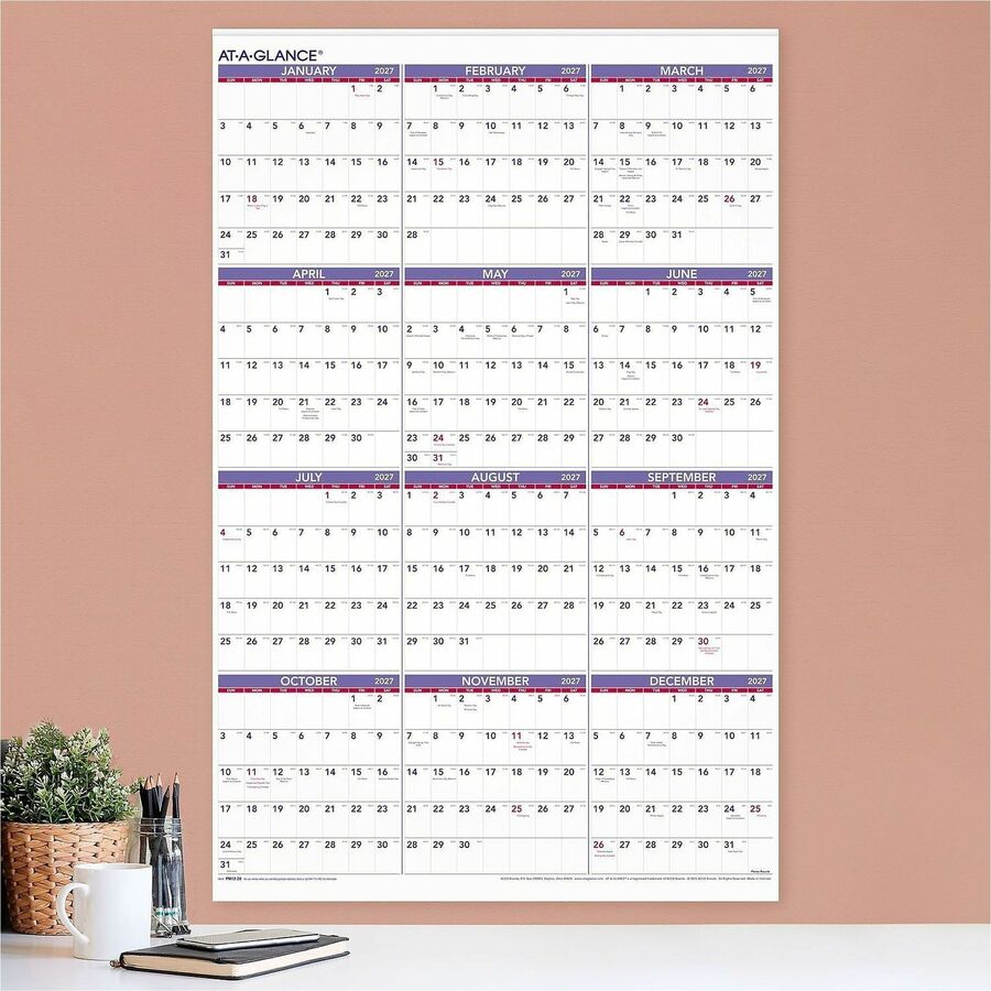 Extra Large - Julian Dates - Yearly - 12 Month - January 2026 to December 2026 - 1 Year Single Page Layout - 24" x 36" Sheet Size - White Sheet - 1" x 1.50" Block - Metal Bound - White - Paper - Eyelet, Unruled Daily Block, Bleed Resistant - 1 Each