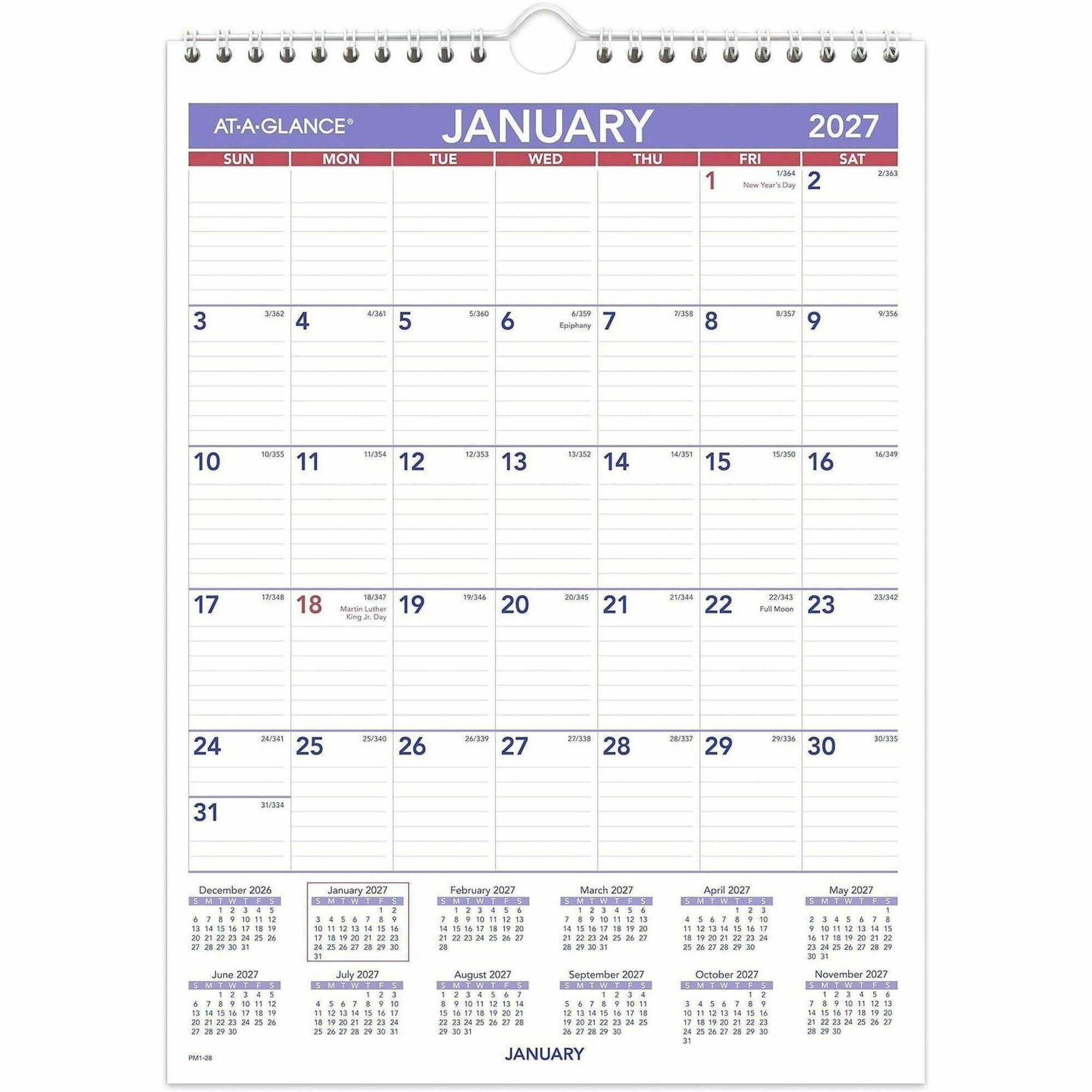At-A-Glance Wall Calendar, Small, Monthly, January 2026–December 2026, 8" x 11", Wire Bound, White, 1 Each