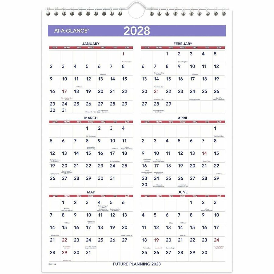 At-A-Glance Wall Calendar, Small, Monthly, January 2026–December 2026, 8" x 11", Wire Bound, White, 1 Each