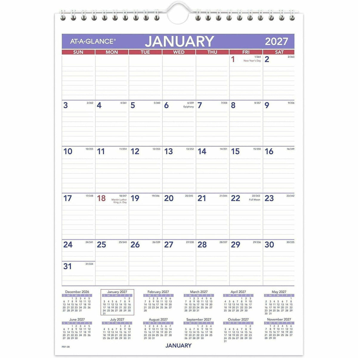 At-A-Glance Wall Calendar - Small - Julian Dates - Monthly - 12 Month - January 2027 to December 2027 - 1 Month Single Page Layout - 8" x 11" Sheet Size - White Sheet - 1.06" x 1.50" Block - Wire Bound - White - Chipboard, Paper - 1 Each