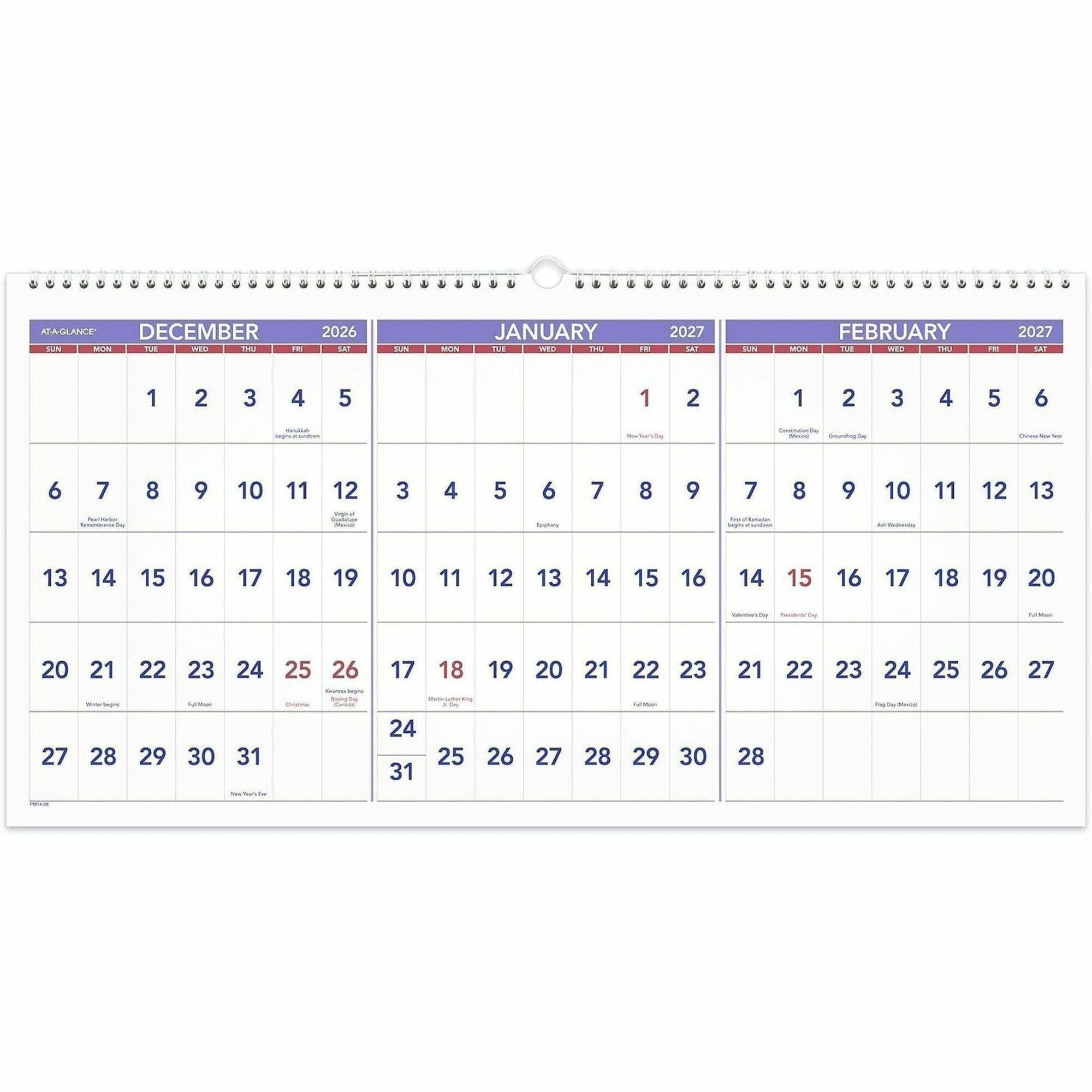 Large - Monthly - 15 Month - December 2025 to February 2027 - 3 Month Single Page Layout - 12" x 24" Sheet Size - White Sheet - Wire Bound - Blue, White - Chipboard, Paper - Hanging Loop, Sturdy Back, Bleed Resistant, Sturdy - 1 Each