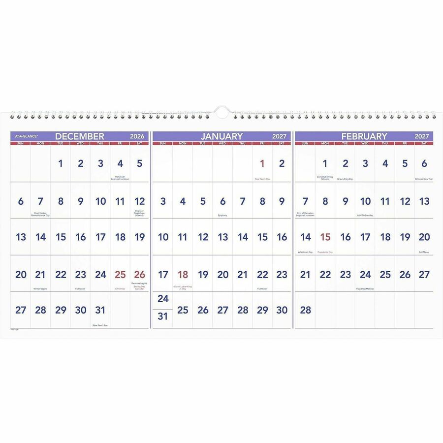 Large - Monthly - 15 Month - December 2025 to February 2027 - 3 Month Single Page Layout - 12" x 24" Sheet Size - White Sheet - Wire Bound - Blue, White - Chipboard, Paper - Hanging Loop, Sturdy Back, Bleed Resistant, Sturdy - 1 Each
