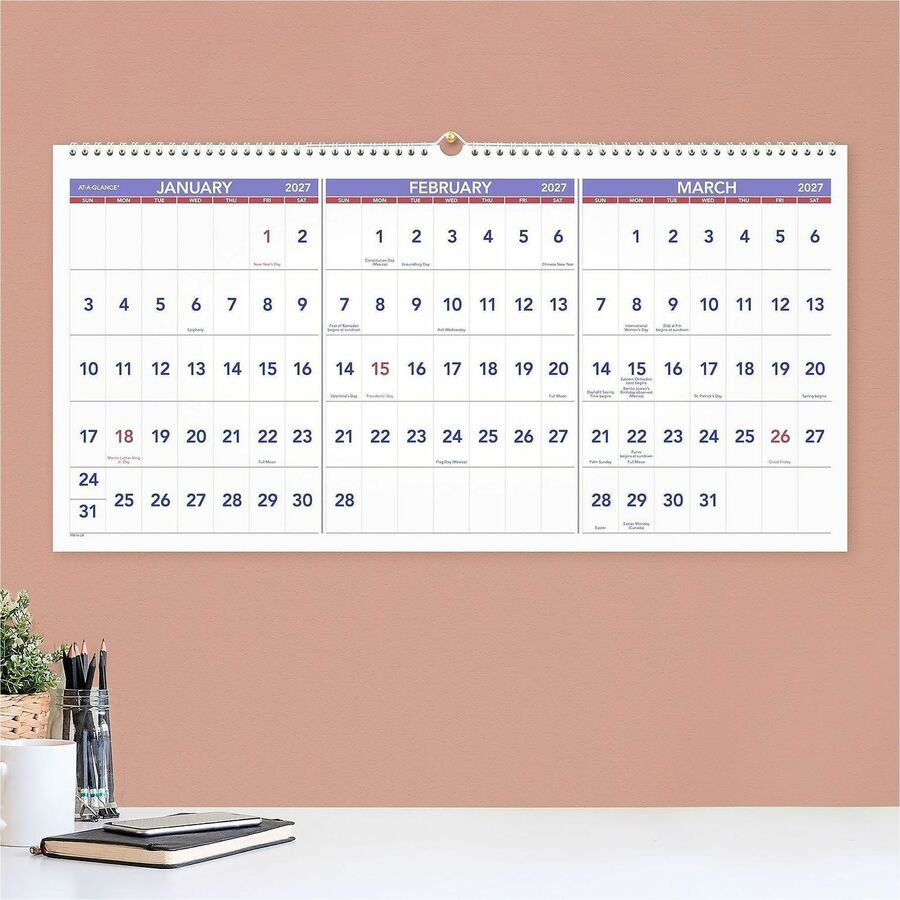Large - Monthly - 15 Month - December 2025 to February 2027 - 3 Month Single Page Layout - 12" x 24" Sheet Size - White Sheet - Wire Bound - Blue, White - Chipboard, Paper - Hanging Loop, Sturdy Back, Bleed Resistant, Sturdy - 1 Each