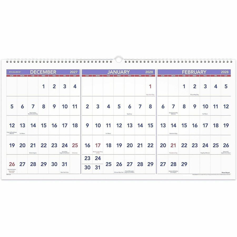 Large - Monthly - 15 Month - December 2025 to February 2027 - 3 Month Single Page Layout - 12" x 24" Sheet Size - White Sheet - Wire Bound - Blue, White - Chipboard, Paper - Hanging Loop, Sturdy Back, Bleed Resistant, Sturdy - 1 Each