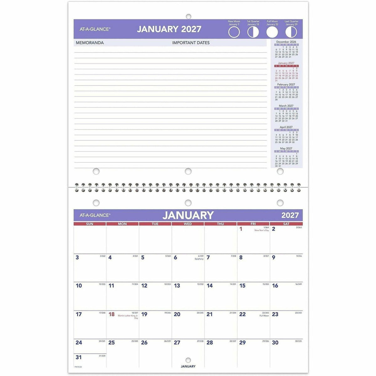At-A-Glance Desk-Wall Calendar, Small, January-December 2027, 11" x 8.5", Monthly Layout, 1.5" x 1.25" Blocks, Wire-Bound, White, Julian Dates