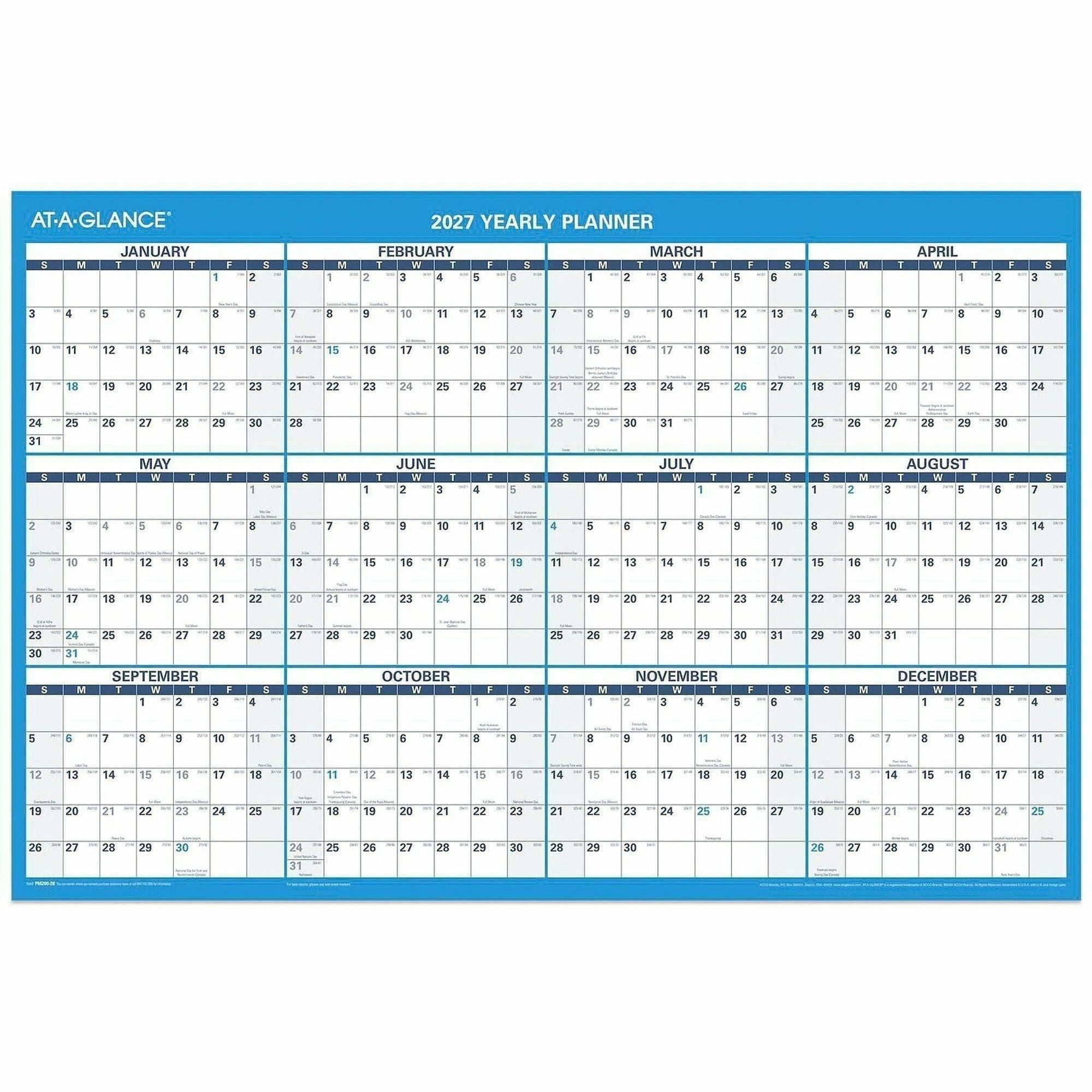 At-A-Glance Horizontal Reversible Erasable Wall Calendar, 36" x 24", 12-Month, January 2026-December 2026, Large, Blue/Gray, Laminated, 1 Each