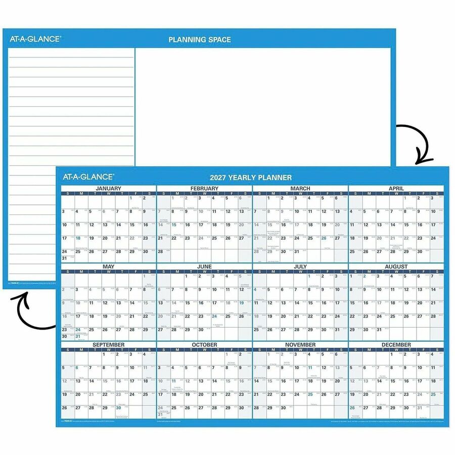 At-A-Glance Horizontal Reversible Erasable Wall Calendar, 36" x 24", 12-Month, January 2026-December 2026, Large, Blue/Gray, Laminated, 1 Each