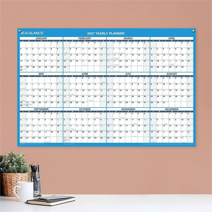 At-A-Glance Horizontal Reversible Erasable Wall Calendar, 36" x 24", 12-Month, January 2026-December 2026, Large, Blue/Gray, Laminated, 1 Each