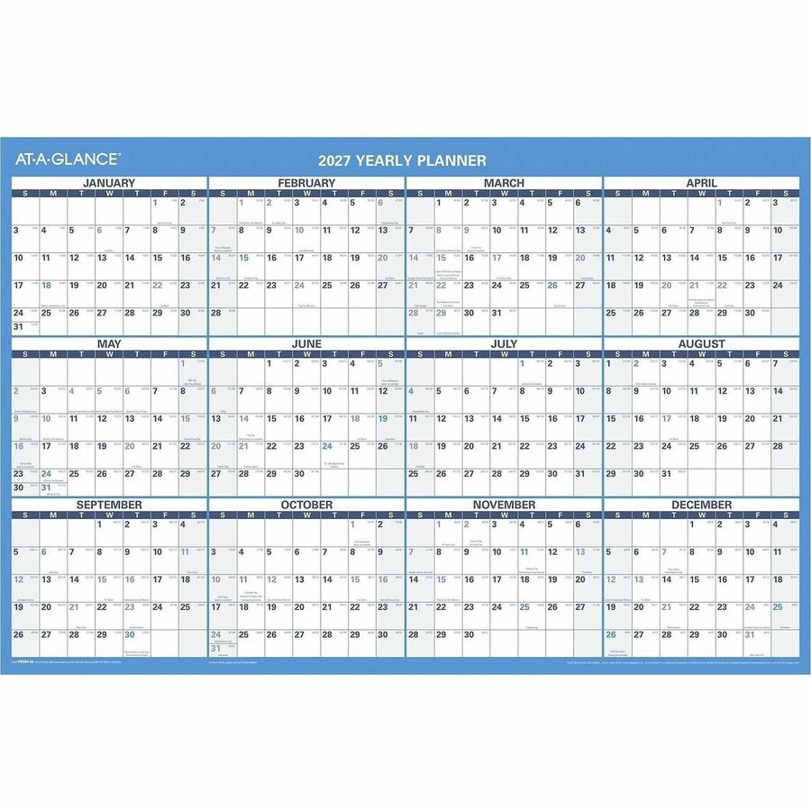 At-A-Glance Horizontal Reversible Erasable Wall Calendar, 36" x 24", 12-Month, January 2026-December 2026, Large, Blue/Gray, Laminated, 1 Each