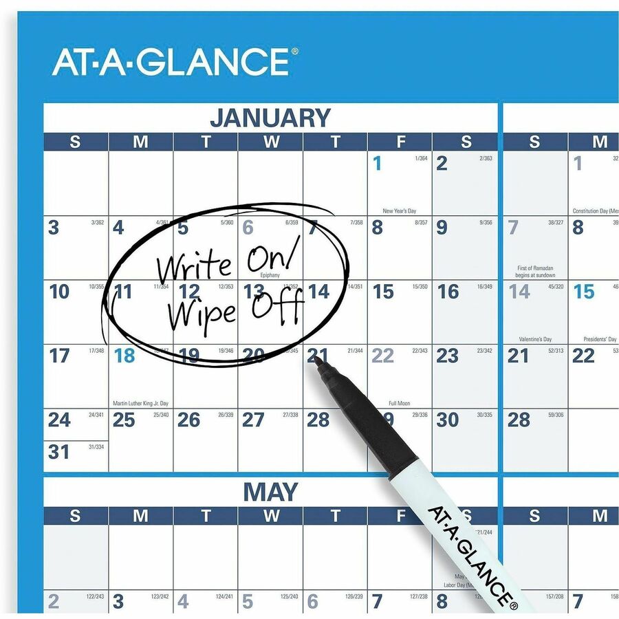 At-A-Glance Horizontal Reversible Erasable Wall Calendar, 36" x 24", 12-Month, January 2026-December 2026, Large, Blue/Gray, Laminated, 1 Each