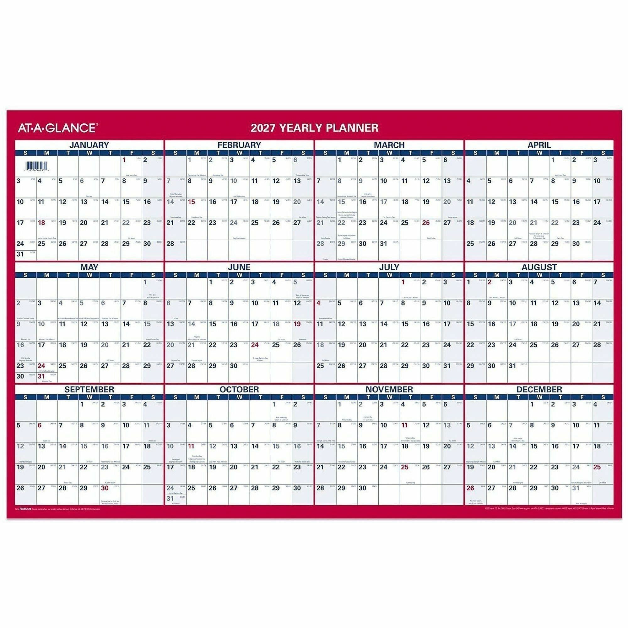 Large - Julian Dates - Yearly - 12 Month - January 2026 to December 2026 - 36" x 24" Sheet Size - White Sheet - 1.25" x 1.25" , 1.38" Block - Blue, White, Red - Paper - Reversible, Daily Block - 1 Each