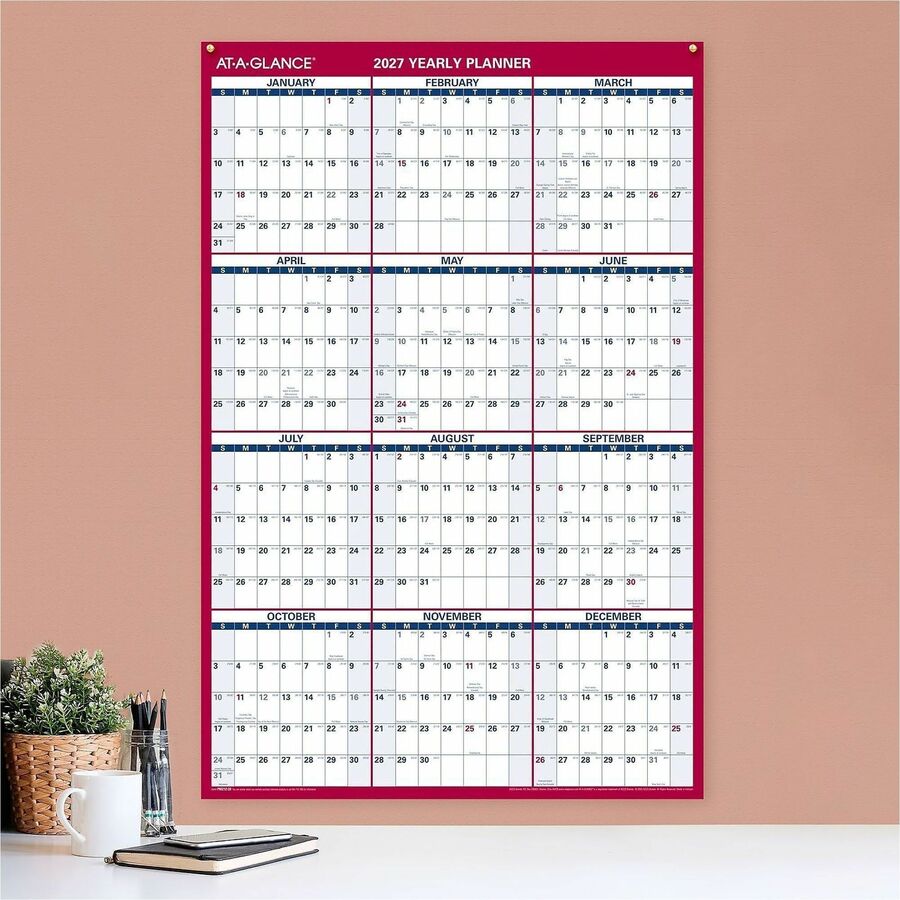 Large - Julian Dates - Yearly - 12 Month - January 2026 to December 2026 - 36" x 24" Sheet Size - White Sheet - 1.25" x 1.25" , 1.38" Block - Blue, White, Red - Paper - Reversible, Daily Block - 1 Each
