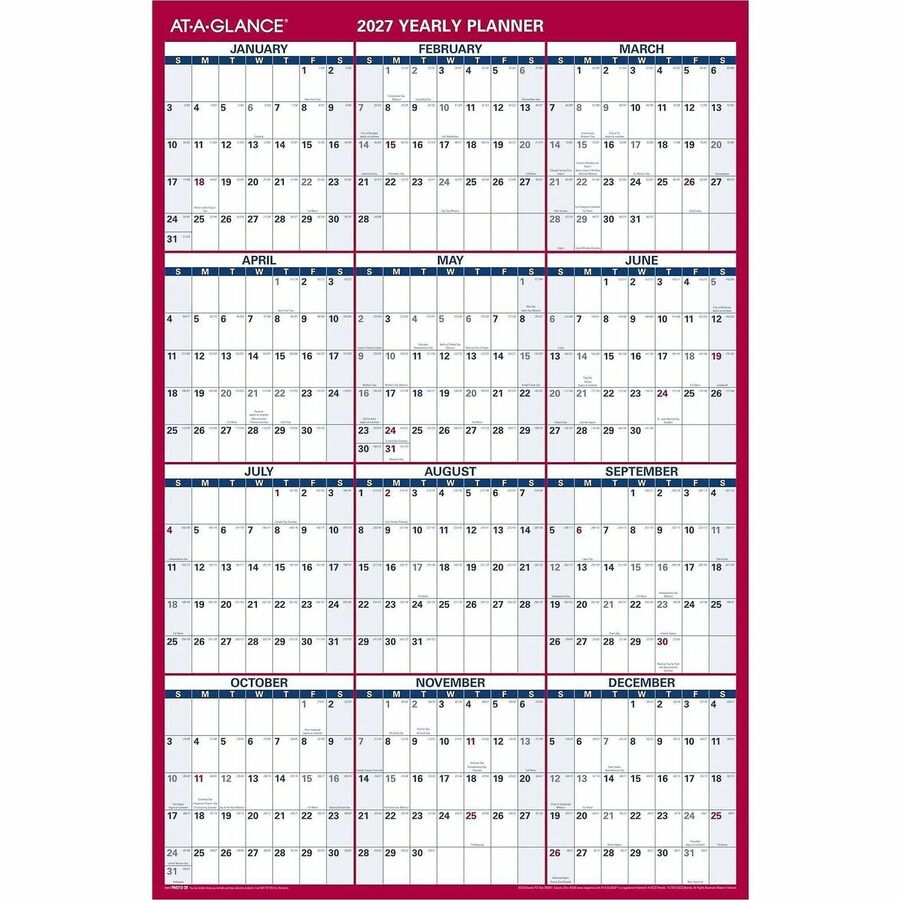 Large - Julian Dates - Yearly - 12 Month - January 2026 to December 2026 - 36" x 24" Sheet Size - White Sheet - 1.25" x 1.25" , 1.38" Block - Blue, White, Red - Paper - Reversible, Daily Block - 1 Each