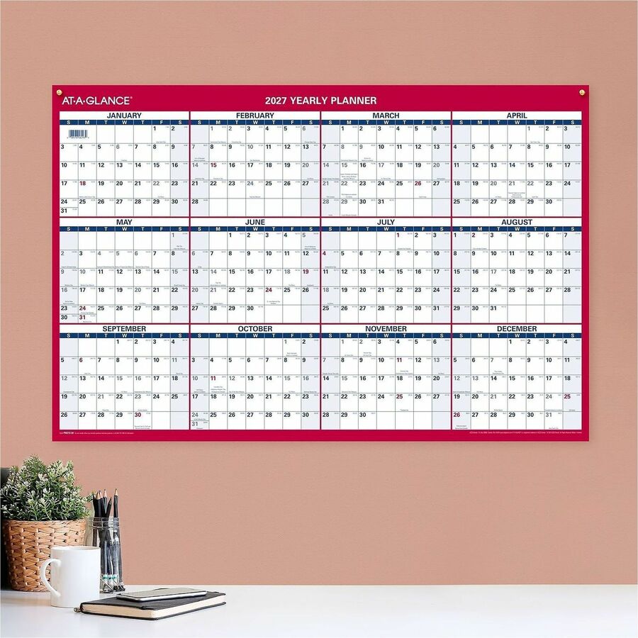 Large - Julian Dates - Yearly - 12 Month - January 2026 to December 2026 - 36" x 24" Sheet Size - White Sheet - 1.25" x 1.25" , 1.38" Block - Blue, White, Red - Paper - Reversible, Daily Block - 1 Each