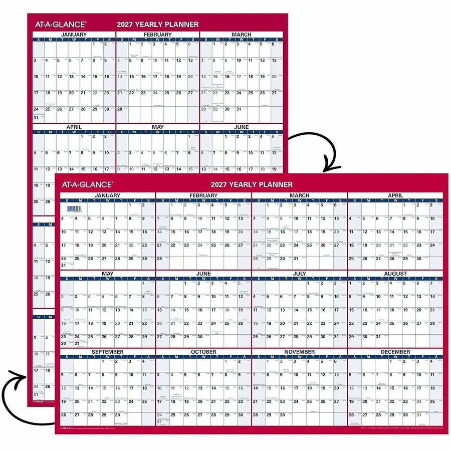 Large - Julian Dates - Yearly - 12 Month - January 2026 to December 2026 - 36" x 24" Sheet Size - White Sheet - 1.25" x 1.25" , 1.38" Block - Blue, White, Red - Paper - Reversible, Daily Block - 1 Each
