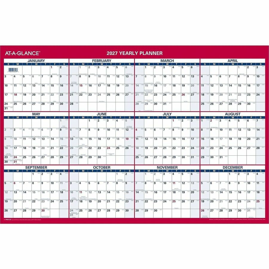 Large - Julian Dates - Yearly - 12 Month - January 2026 to December 2026 - 36" x 24" Sheet Size - White Sheet - 1.25" x 1.25" , 1.38" Block - Blue, White, Red - Paper - Reversible, Daily Block - 1 Each
