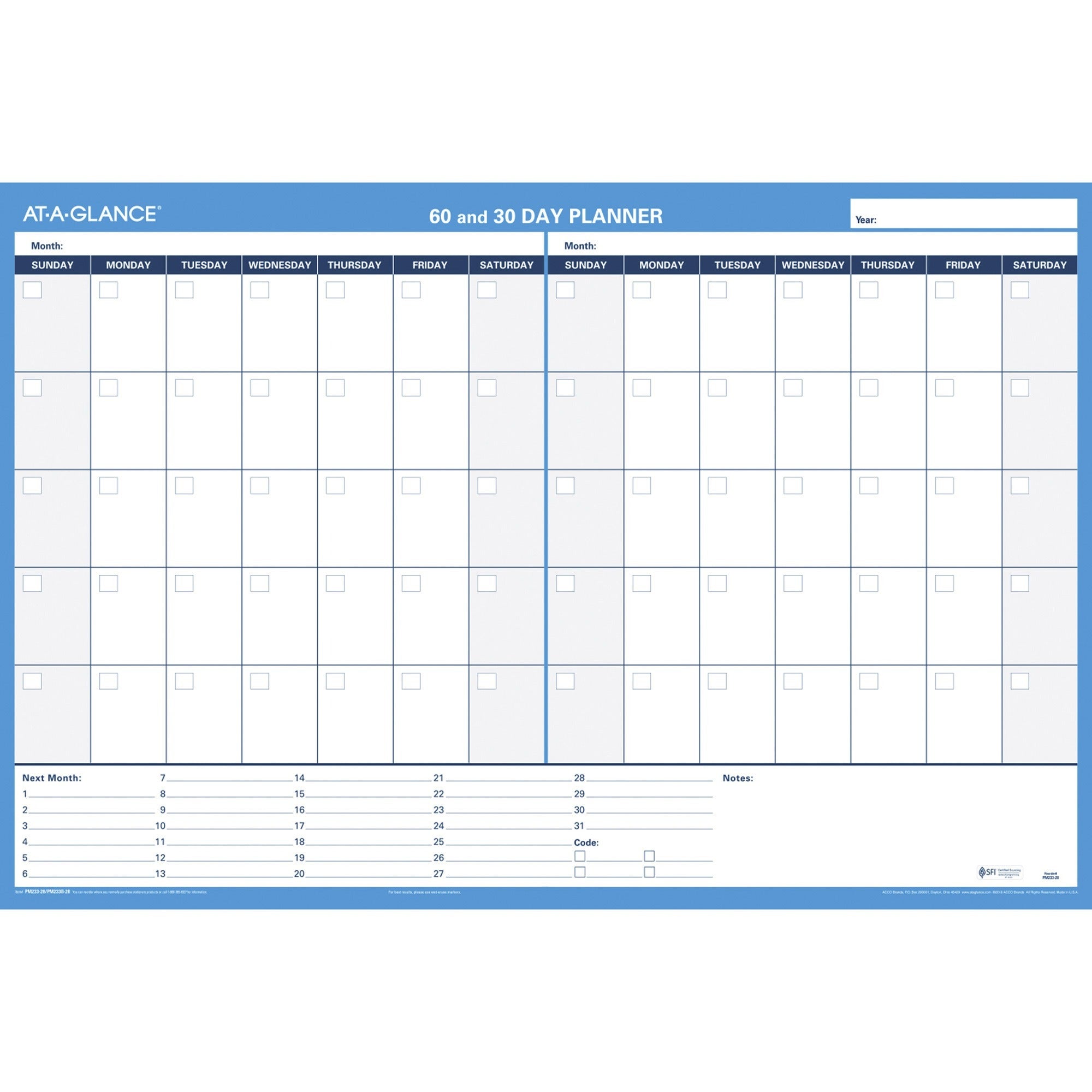 Monthly - 36" x 24" Sheet Size - Blue, Gray - Erasable, Laminated - 1 Each
