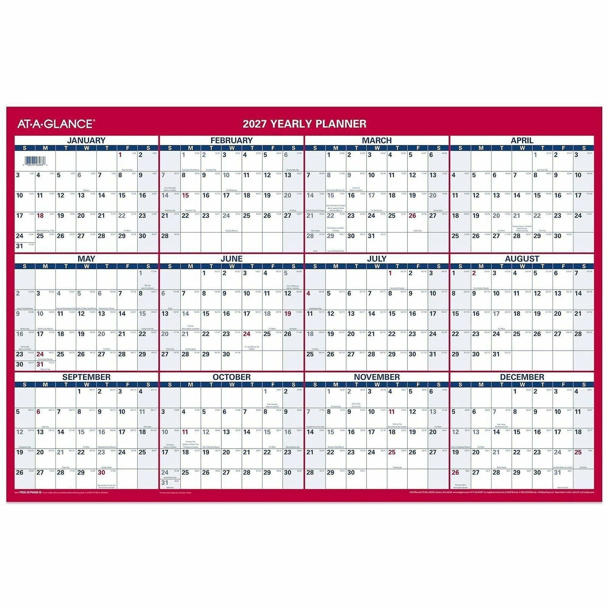 At-A-Glance Vertical Horizontal Reversible Erasable Wall Calendar, Large, 12 Months, January 2026-December 2026, 36" x 24", White, Red/Blue, Laminated, 1 Each