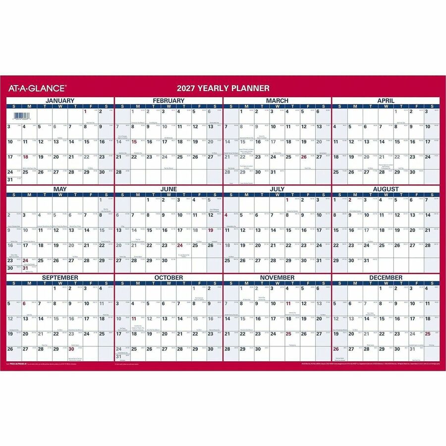 At-A-Glance Vertical Horizontal Reversible Erasable Wall Calendar, Large, 12 Months, January 2026-December 2026, 36" x 24", White, Red/Blue, Laminated, 1 Each