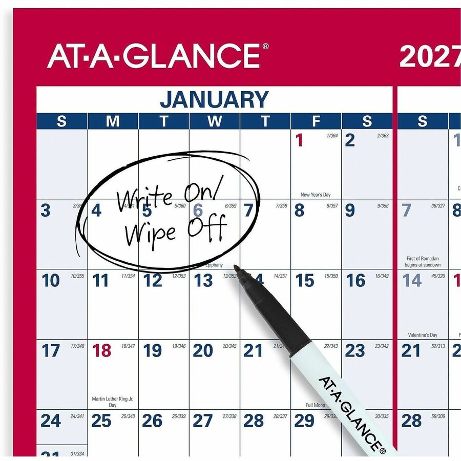 At-A-Glance Vertical Horizontal Reversible Erasable Wall Calendar, Large, 12 Months, January 2026-December 2026, 36" x 24", White, Red/Blue, Laminated, 1 Each