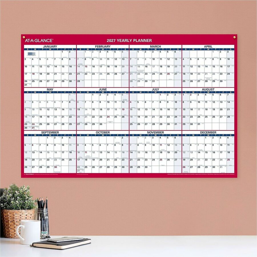 At-A-Glance Vertical Horizontal Reversible Erasable Wall Calendar, Large, 12 Months, January 2026-December 2026, 36" x 24", White, Red/Blue, Laminated, 1 Each