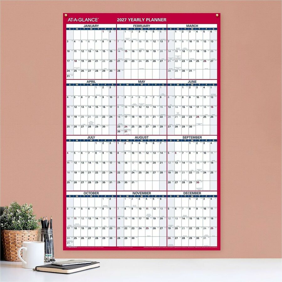 At-A-Glance Vertical Horizontal Reversible Erasable Wall Calendar, Large, 12 Months, January 2026-December 2026, 36" x 24", White, Red/Blue, Laminated, 1 Each