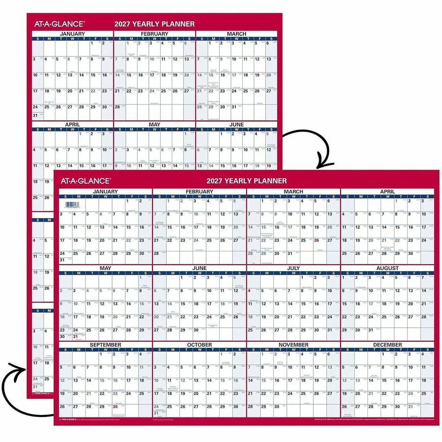 At-A-Glance Vertical Horizontal Reversible Erasable Wall Calendar, Large, 12 Months, January 2026-December 2026, 36" x 24", White, Red/Blue, Laminated, 1 Each