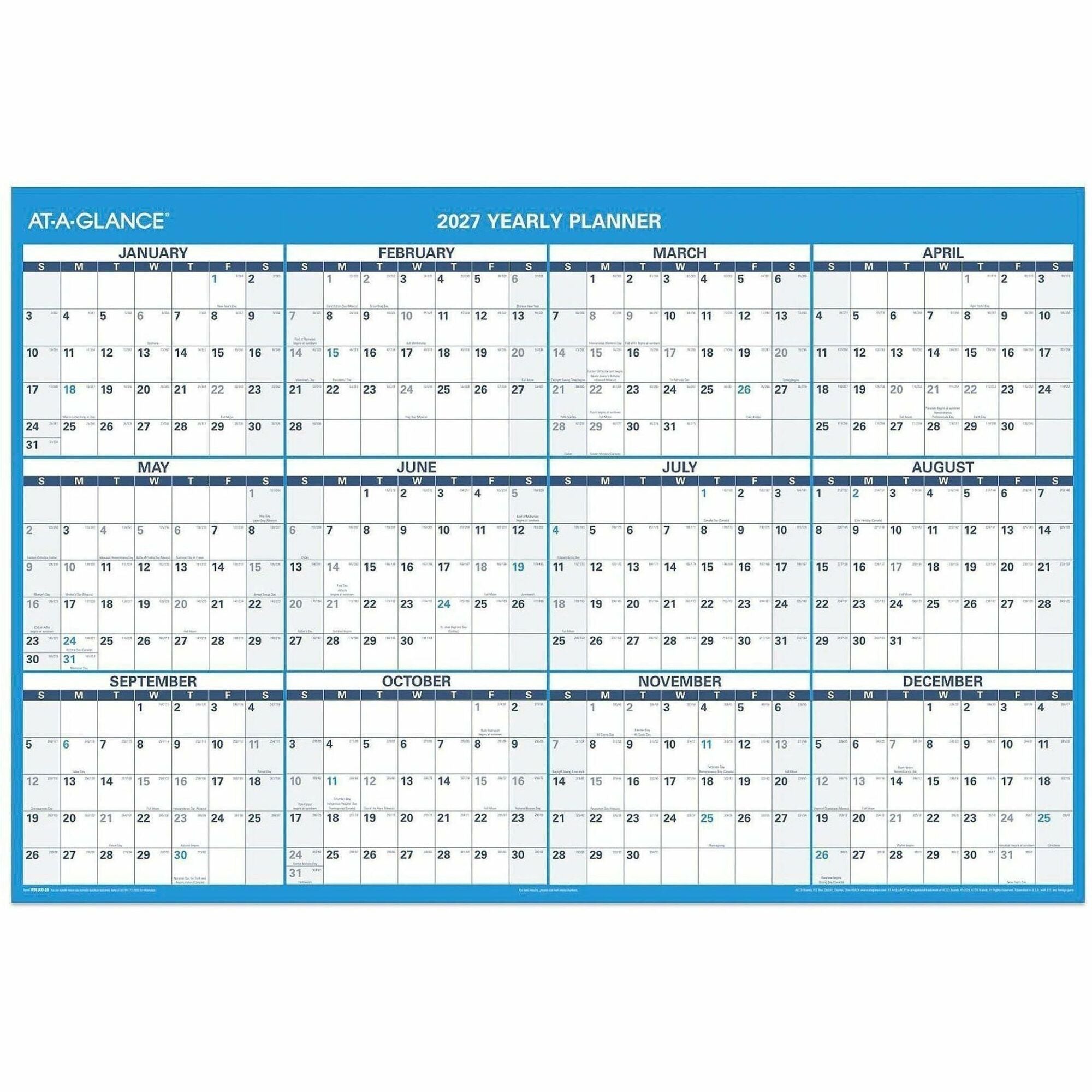 At-A-Glance Horizontal Reversible Erasable Wall Calendar, Extra Large, 48" x 32", 12-Month, January 2026–December 2026, White/Gray, Laminated, 1 Each