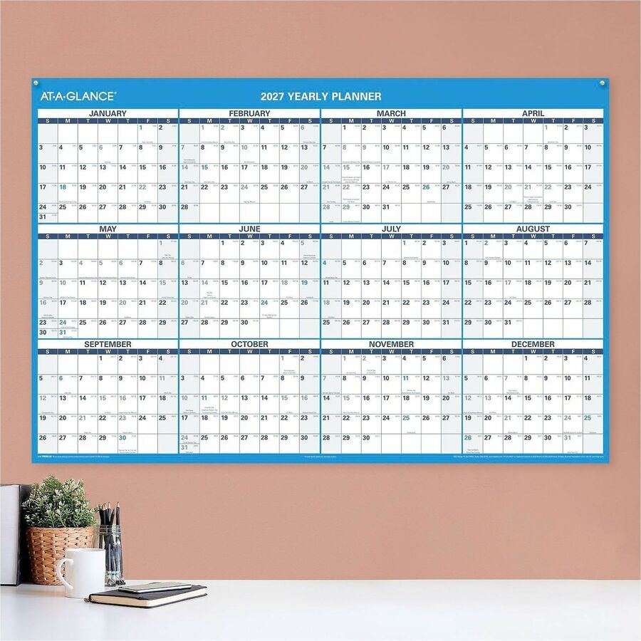 At-A-Glance Horizontal Reversible Erasable Wall Calendar, Extra Large, 48" x 32", 12-Month, January 2026–December 2026, White/Gray, Laminated, 1 Each