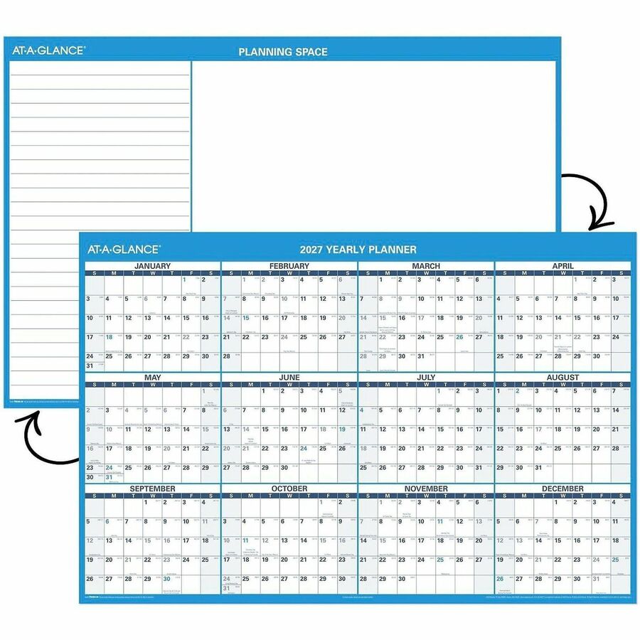 At-A-Glance Horizontal Reversible Erasable Wall Calendar, Extra Large, 48" x 32", 12-Month, January 2026–December 2026, White/Gray, Laminated, 1 Each