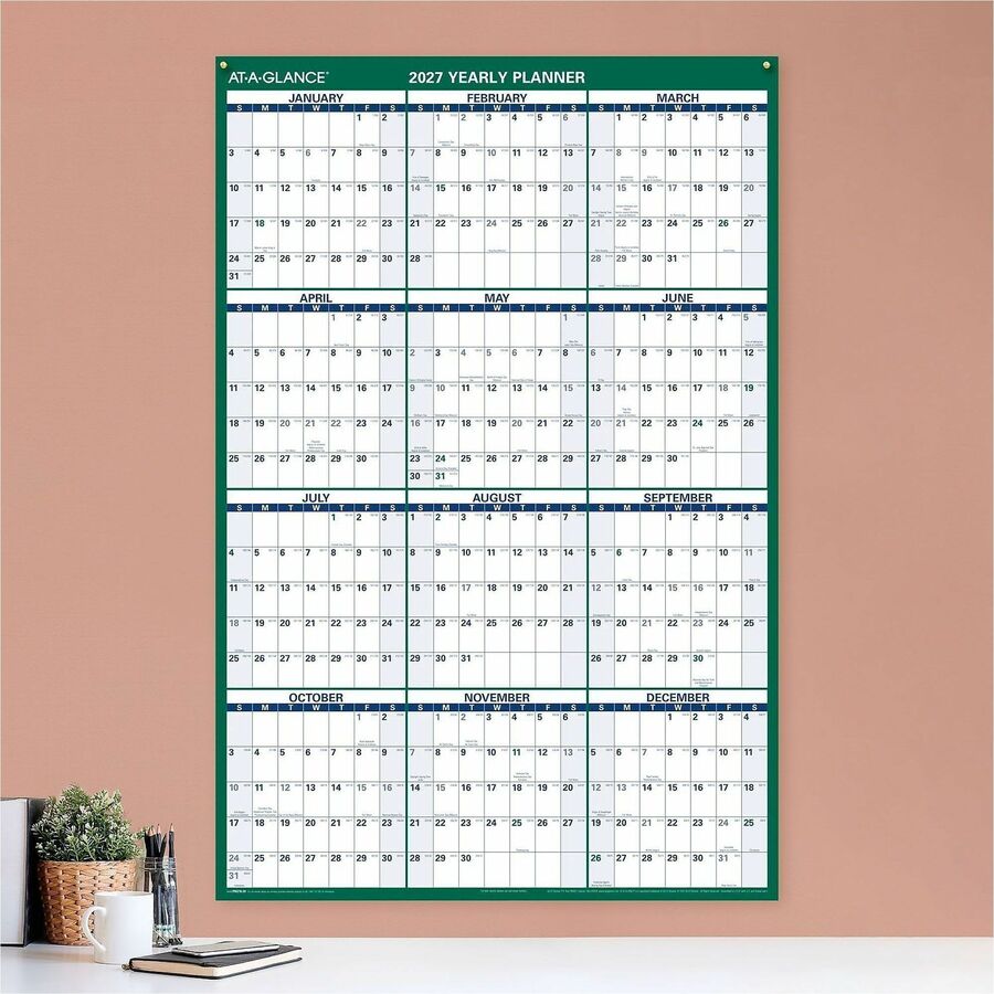 At-A-Glance Vertical Reversible Erasable Wall Calendar, Extra Large, 12-Month, January 2026-December 2026, 48" x 32", White/Green, Laminated, 1 Each