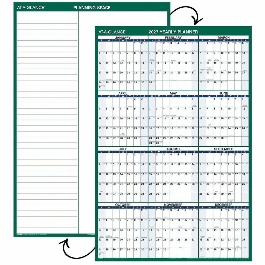 At-A-Glance Vertical Reversible Erasable Wall Calendar, Extra Large, 12-Month, January 2026-December 2026, 48" x 32", White/Green, Laminated, 1 Each