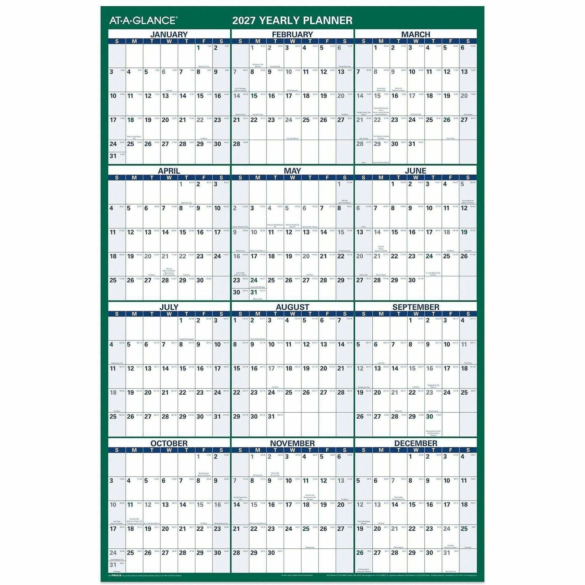 At-A-Glance Vertical Reversible Erasable Wall Calendar, Extra Large, 12-Month, January 2026-December 2026, 48" x 32", White/Green, Laminated, 1 Each