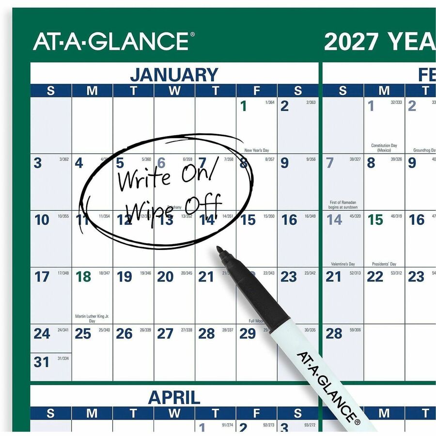 At-A-Glance Vertical Reversible Erasable Wall Calendar, Extra Large, 12-Month, January 2026-December 2026, 48" x 32", White/Green, Laminated, 1 Each