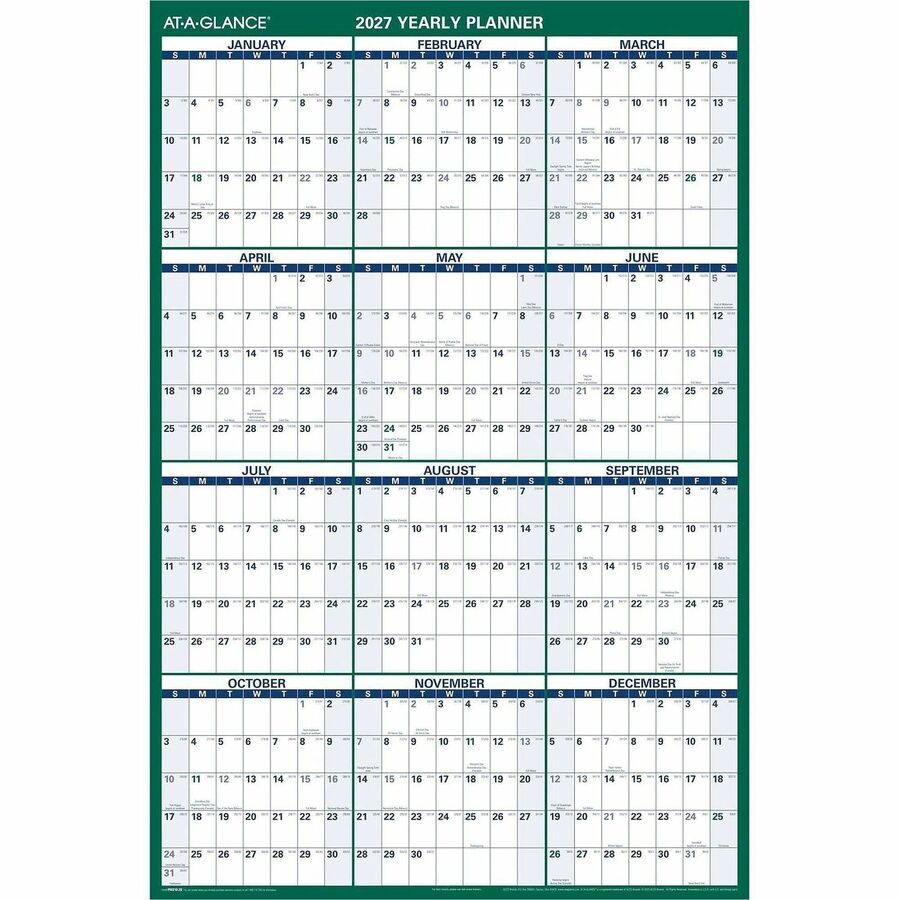 At-A-Glance Vertical Reversible Erasable Wall Calendar, Extra Large, 12-Month, January 2026-December 2026, 48" x 32", White/Green, Laminated, 1 Each