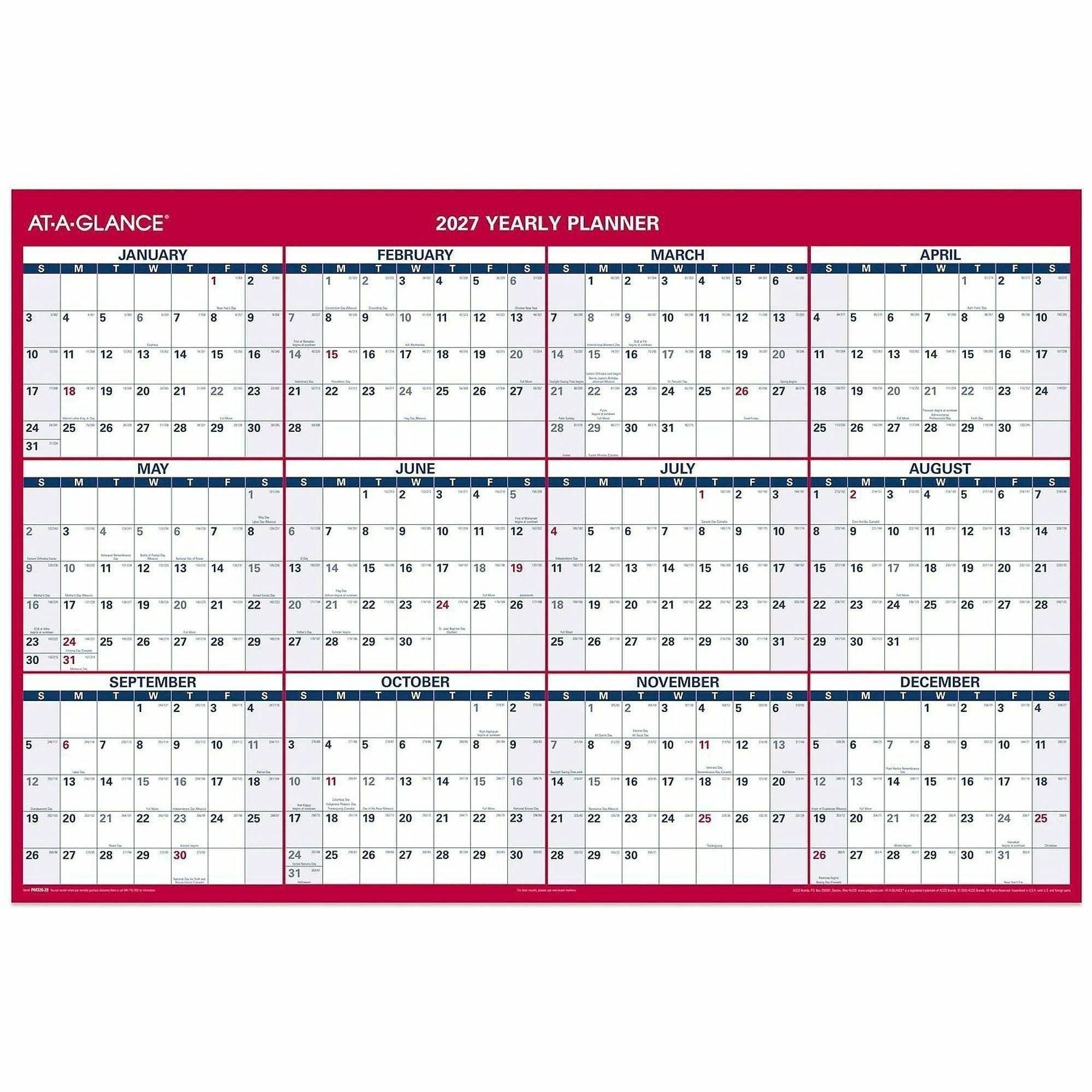 Extra Large - Julian Dates - Yearly - 12 Month - January 2026 to December 2026 - 48" x 32" Sheet Size - White Sheet - 1.25" x 1.88" , 1.63" x 1.63" Block - Red - Laminate - Erasable, Reversible, Write on/Wipe off, Unruled Daily Block - 1 Each